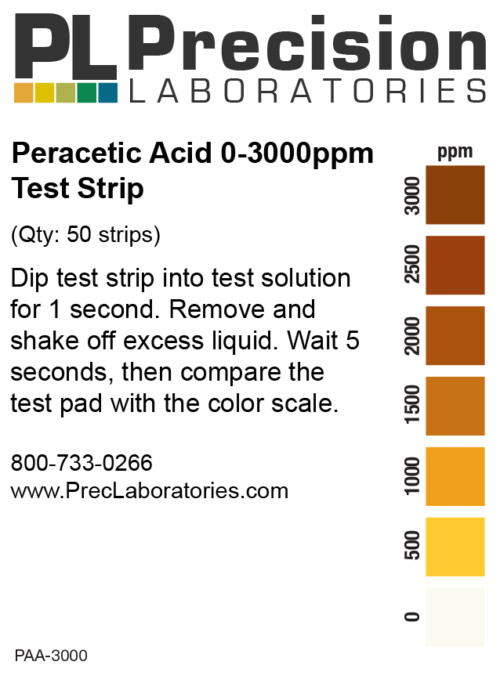 peracetic acid test strips, peracetic acid 0-3000ppm, extra high level peracetic acid, test strips, sanitizer test strips