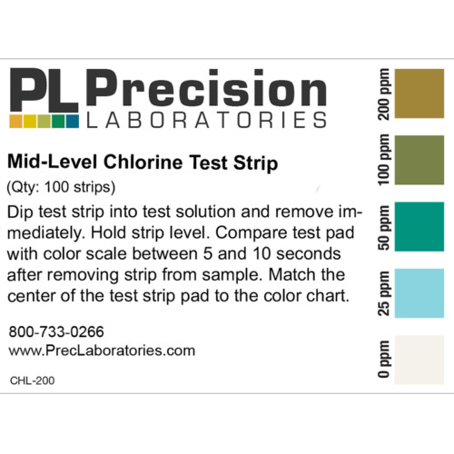 chlorine 0-200ppm test strips, mid level chlorine test strips, chlorine test strips