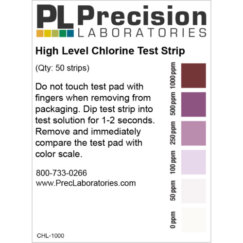 High level chlorine test strip, chlorine test strip, chlorine 0-1,000ppm test strip, high level chlorine